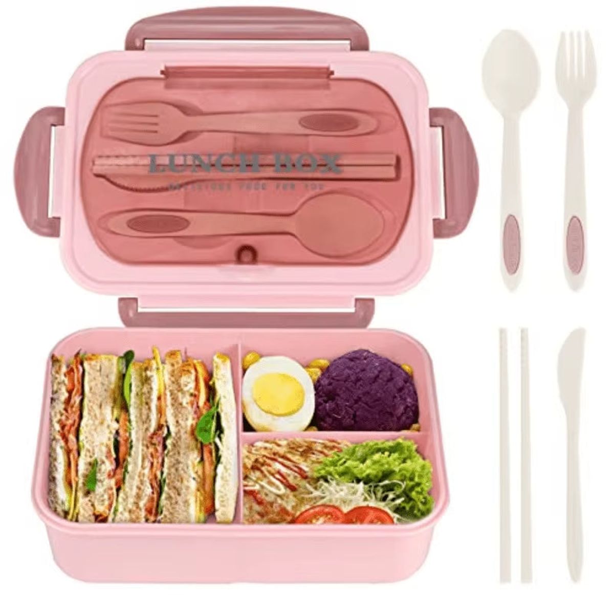 Microwave-Safe Insulated Bento Lunch Box with Utensil Set - Pink