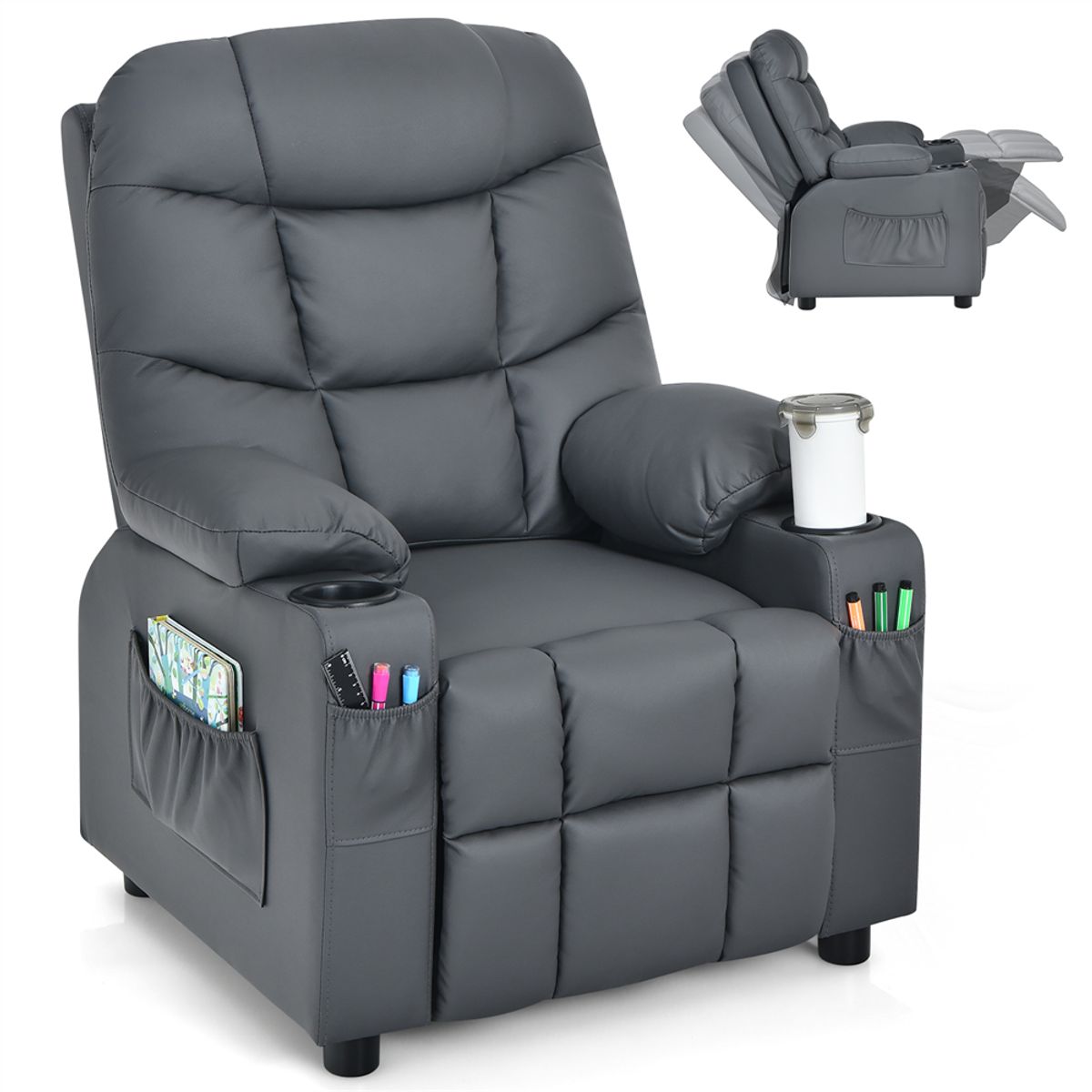 PU Leather Kids Recliner Chair with Cup Holders - Recliner Chair GREY