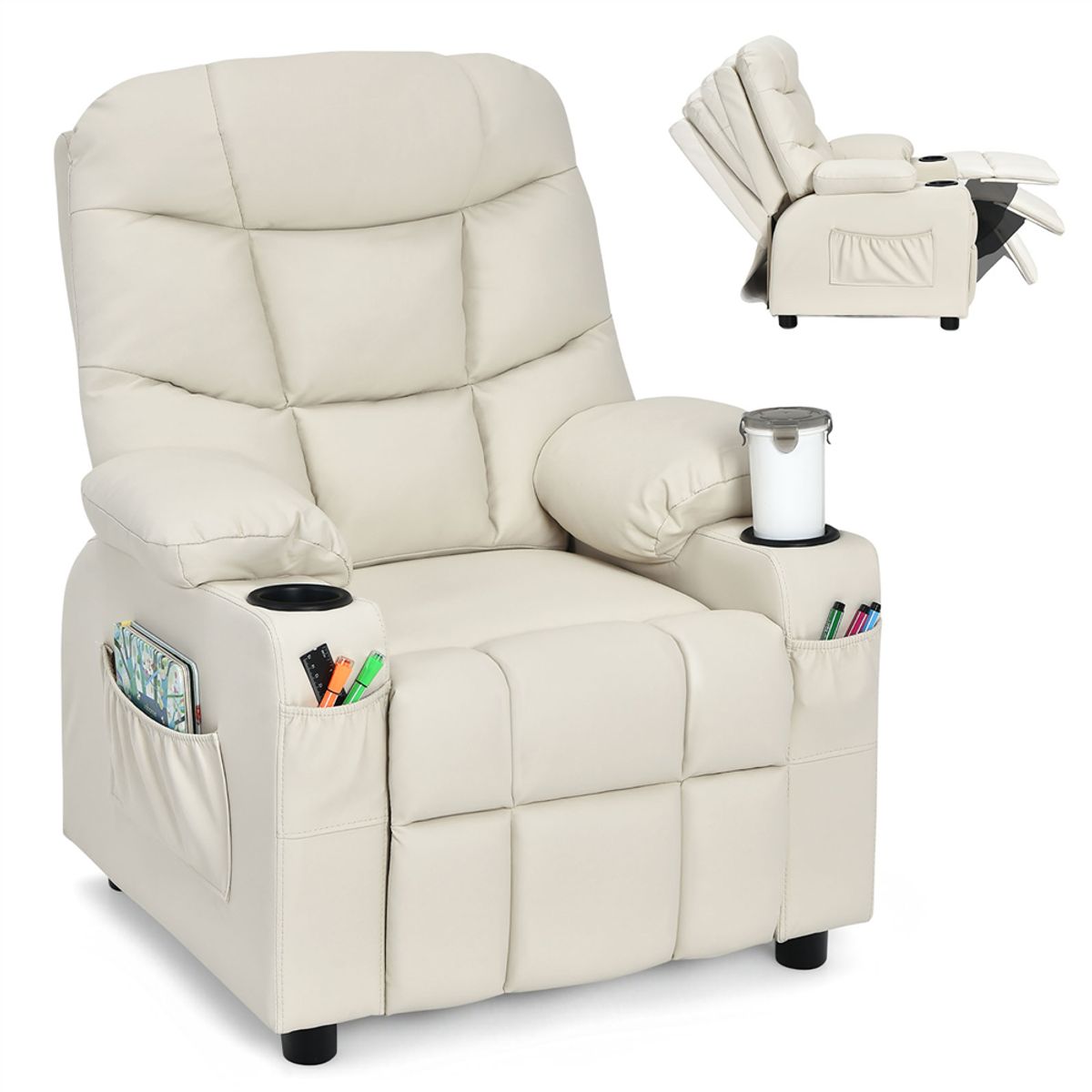 PU Leather Kids Recliner Chair with Cup Holders - Recliner Chair BEIGE
