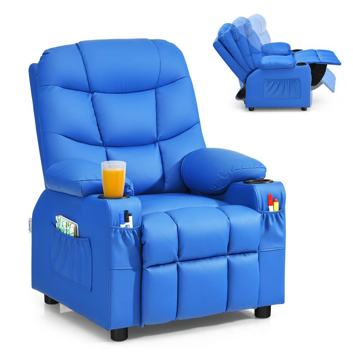 PU Leather Kids Recliner Chair with Cup Holders - Recliner Chair NAVY
