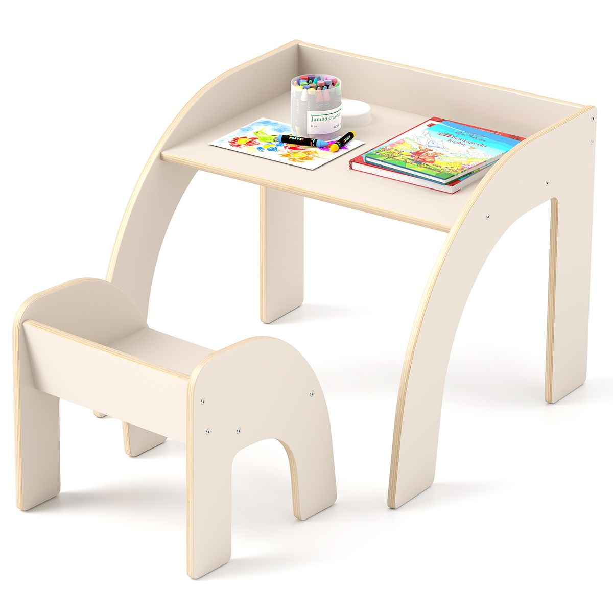 Kids' Table & Chair Set with Wide Tabletop & Curved Edges - Kids Desk -White