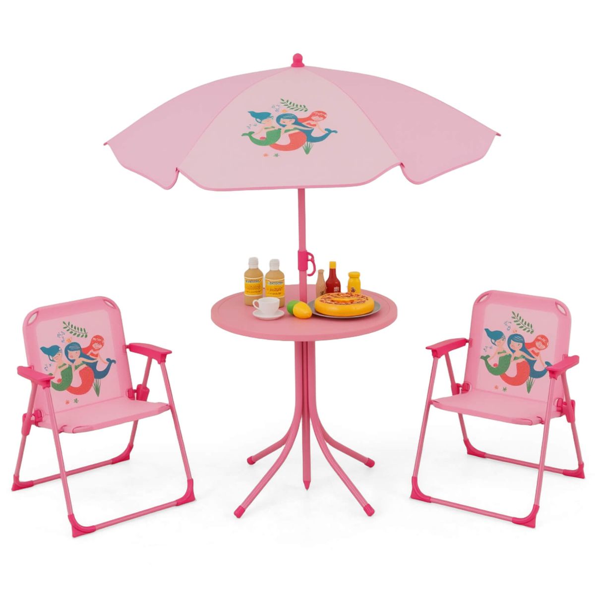 Kids' Picnic Table & Chair Set with 2 Folding Chairs & Umbrella - Kids Picnic Set-Pink