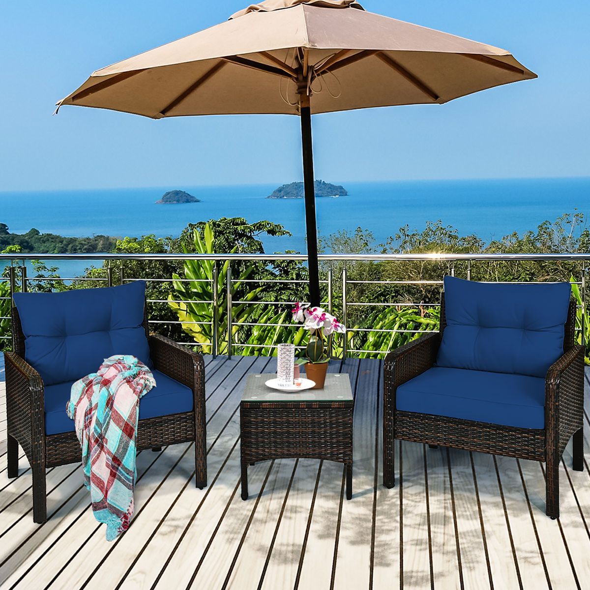 Cushioned Rattan 3-Piece Patio Furniture Set - Rattan Set Navy
