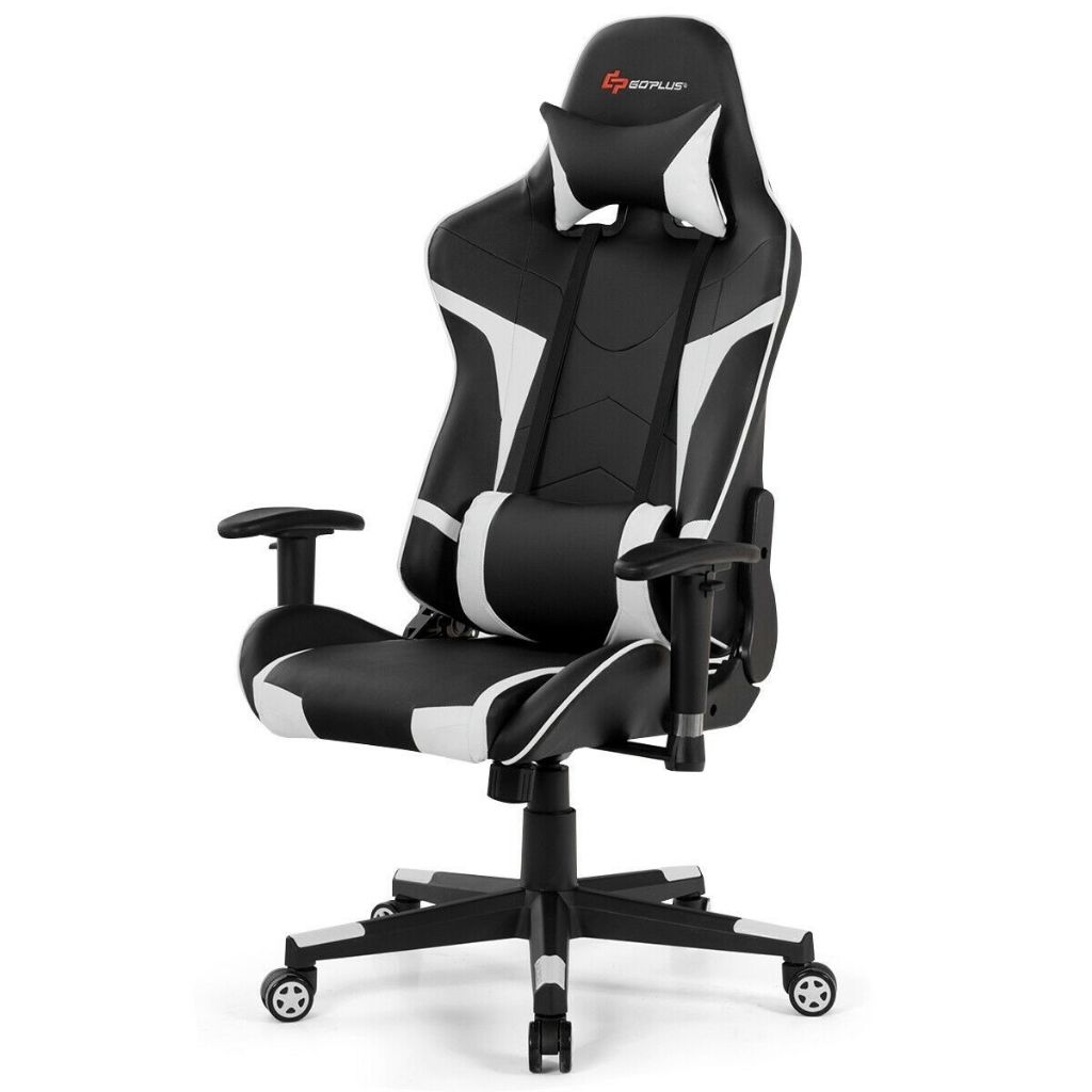 Reclining Gaming Chair with Massaging Lumbar Support - White