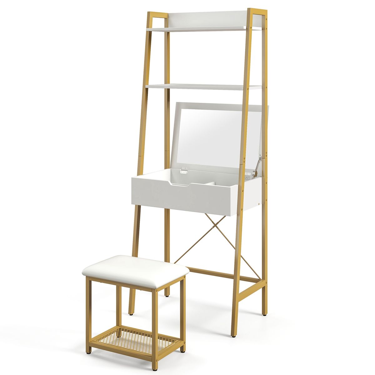 Ladder Vanity Desk Set with Flip-Top Mirror and Cushioned Stool - Vanity Table-GD