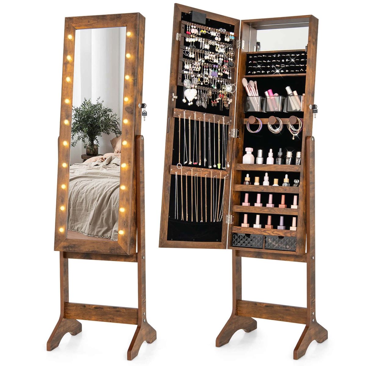 Full-Length Mirrored Jewelry Cabinet with LED Lights  - Jewelry Cabinet -Brown