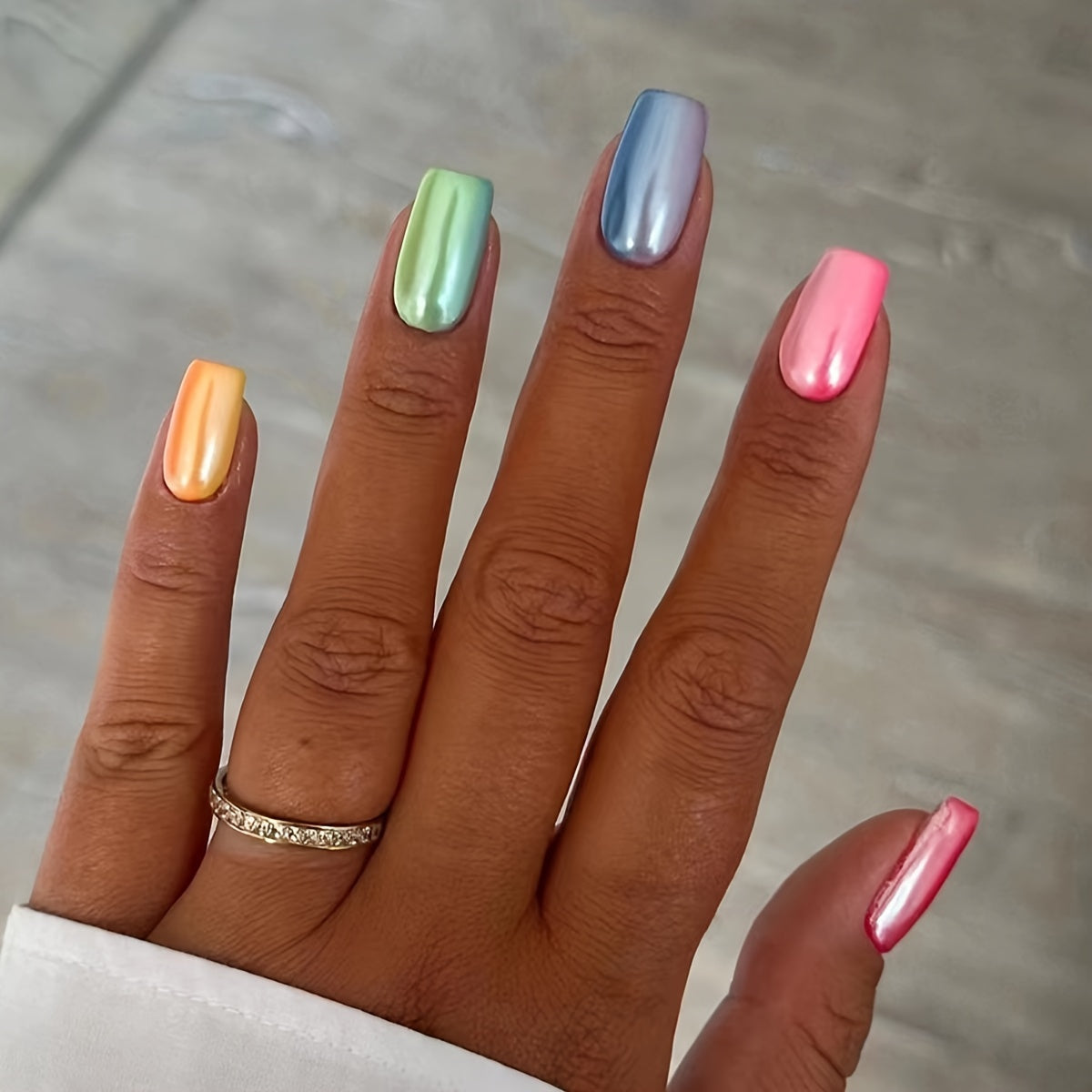 TEMU 24pcs Glossy Rainbow Gradient Press-on Nails Kit - Short To Medium Length Square Tips With Pink, Blue, Green, Yellow, Purple, Mint, Lavender,