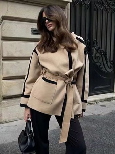 Casual Lace Up Womens Coat Cardigan Long Sleeve Winter Outerwears Fashion High Street Elegant Warm Jacket Female Commut Coats 240930