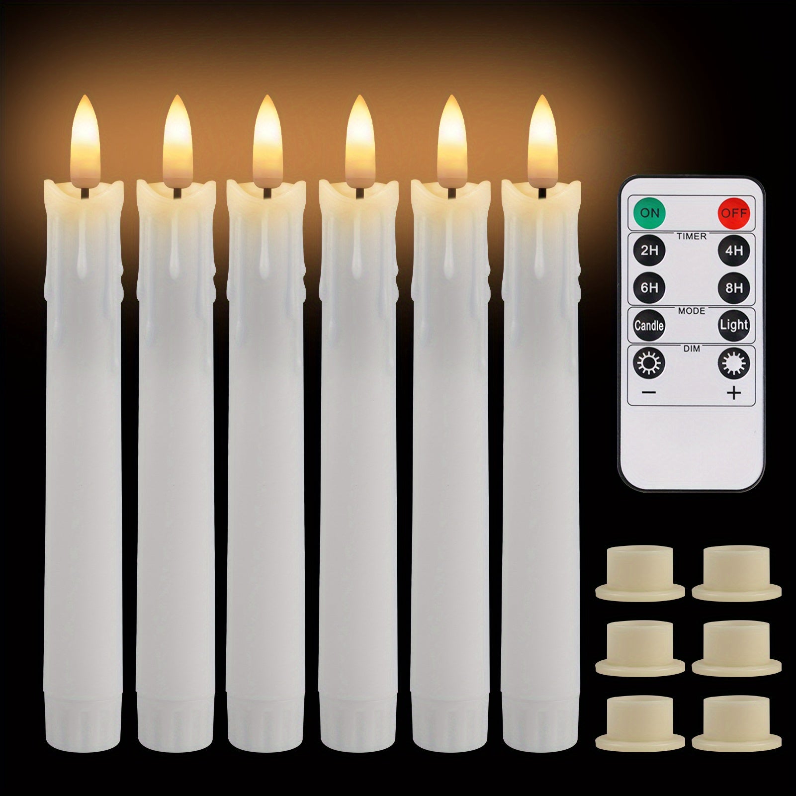 TEMU Set Of 6 Flameless Led Candles Lights With Holders, Battery Operated Led Ivory Taper Candles, Unscented Flickering Candles With 10 Keys Remote