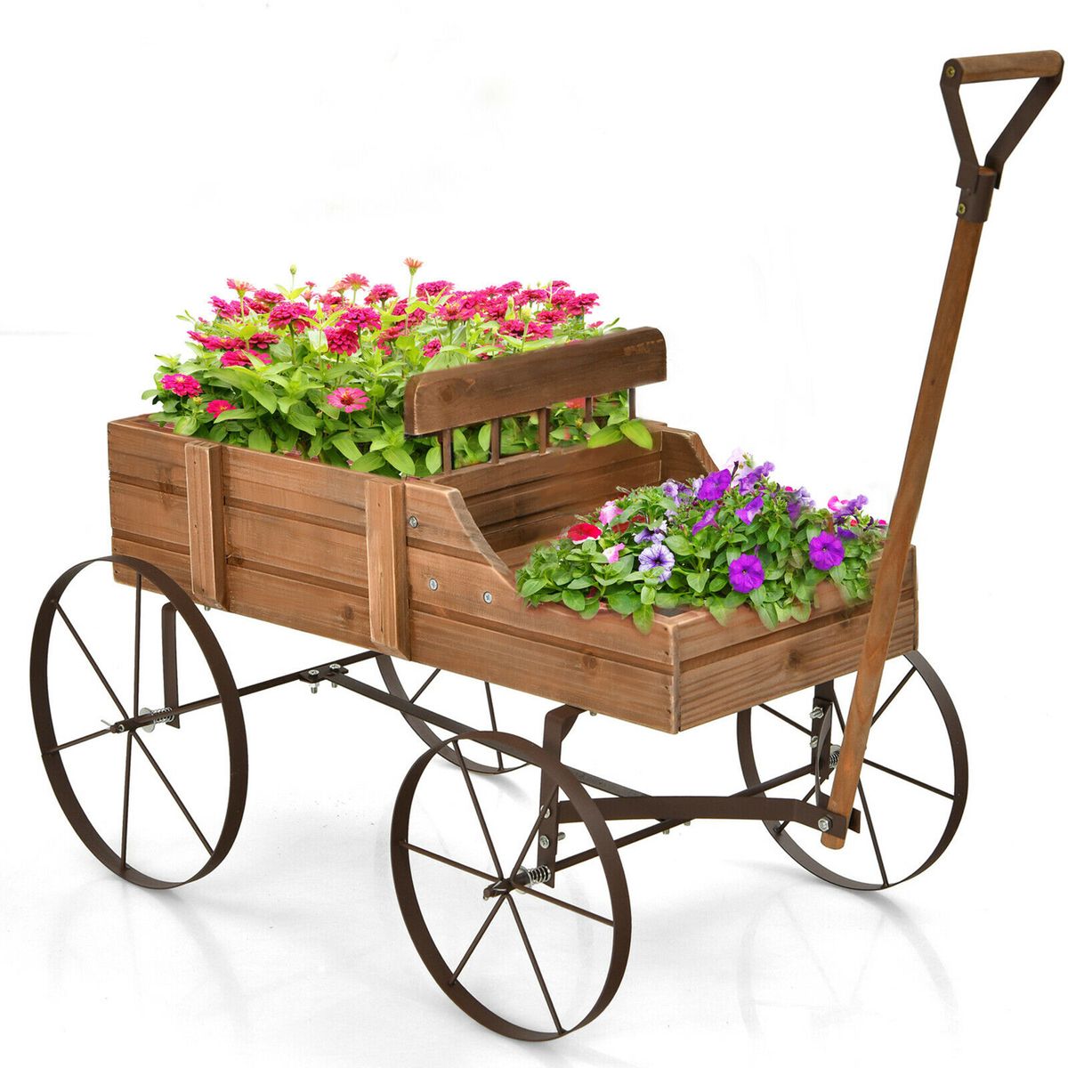 Wooden Wagon Garden Planter with Wheels - Garden Plant Planter-Brown