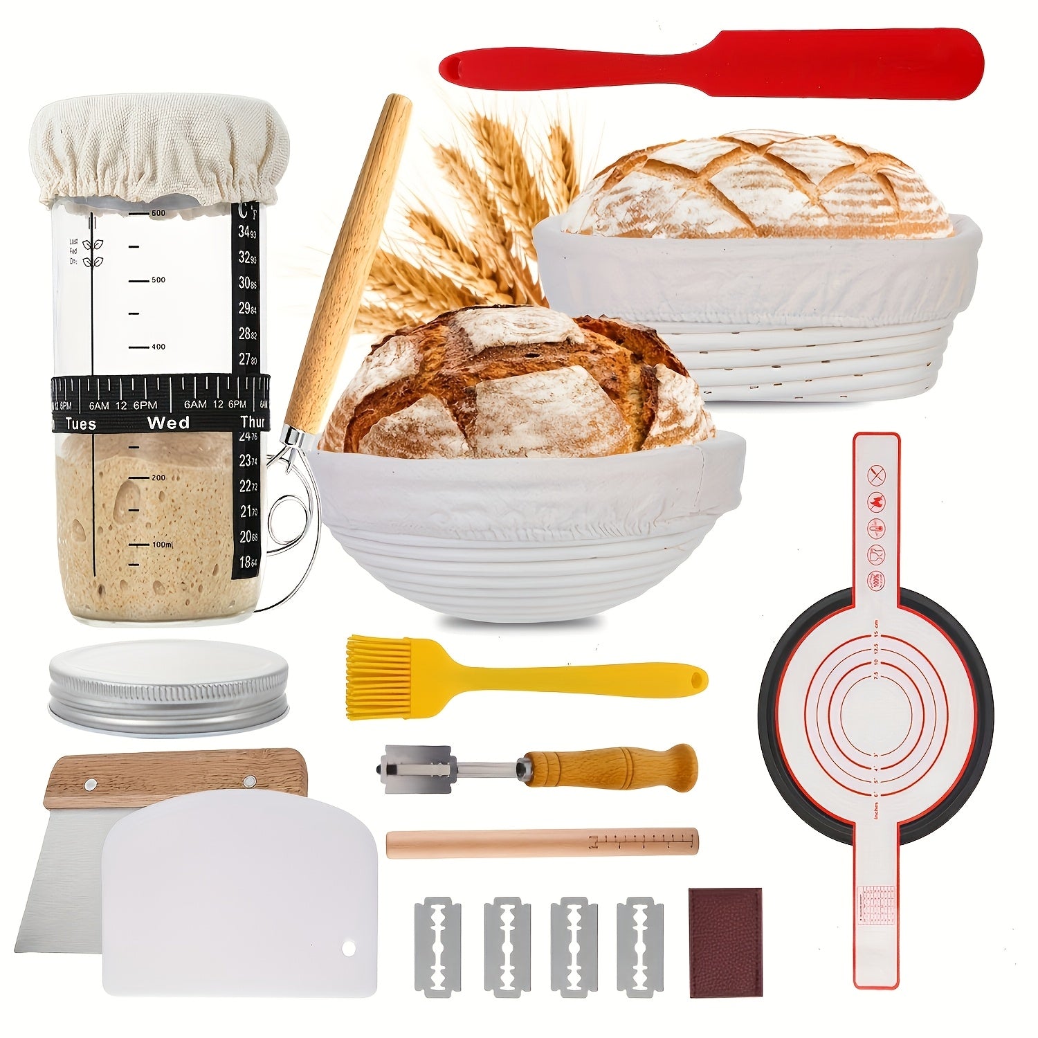 TEMU Bread Proofing Basket Set, 9.8 Inch Oval & 9.6 Inch Sourdough Bread Baking Supplies, Bread Lame, Brush, Rolling Pin, With Bread Baking