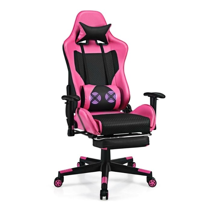 Reclining Massage Rolling Office-Gaming Chair with Footrest - Pink