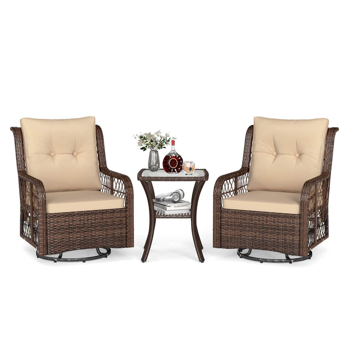 3-Piece Patio Furniture Set with 2-Tier Side Table and Cushions - Brown