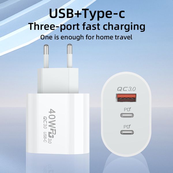 40W 3A 3 Ports Cell Phone Chargers Dual PD Type c Wall Charger Fast Charging Power Adapters For Samsung s20 s22
