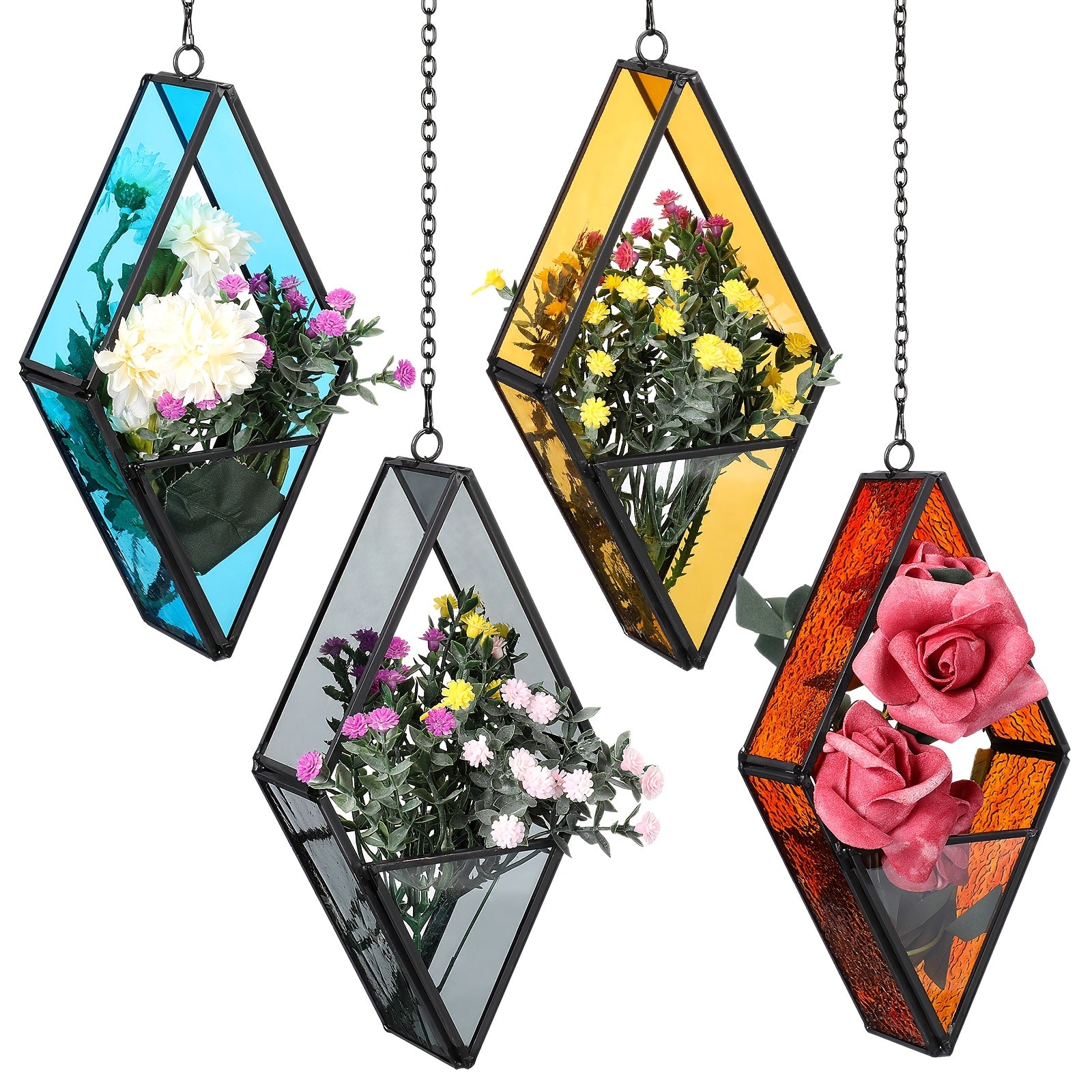 TEMU 4 Pcs Stained Glass Hanging Plant Terrariums Hanging Glass Planter Geometric Window Planters With Chain Hanging Terrarium Window Christmas Decor