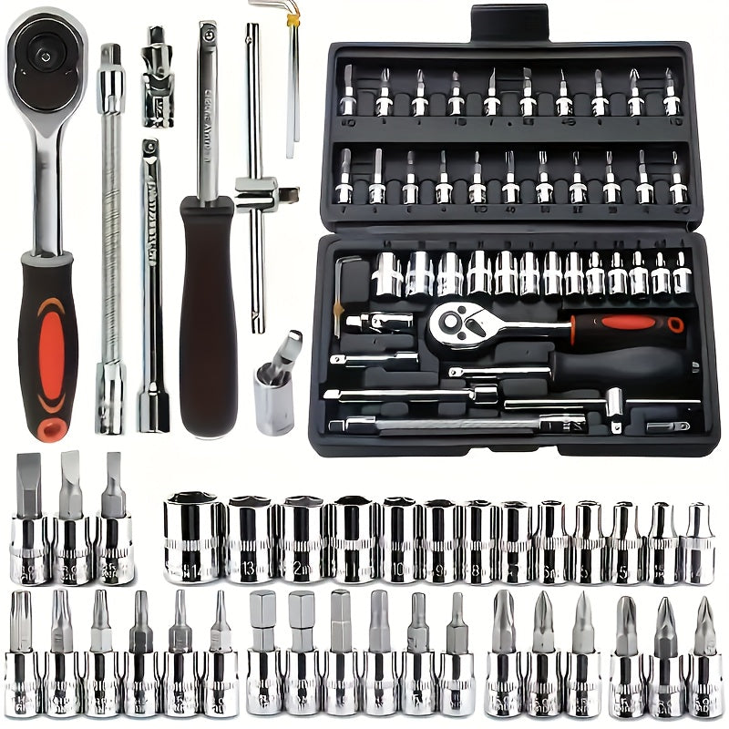 TEMU 46pcs Automotive Mechanical Tool Kit - High-quality Ratchet Wrench And Assorted Screwdriver Set - , Solution For Car, Bike, And Motorcycle