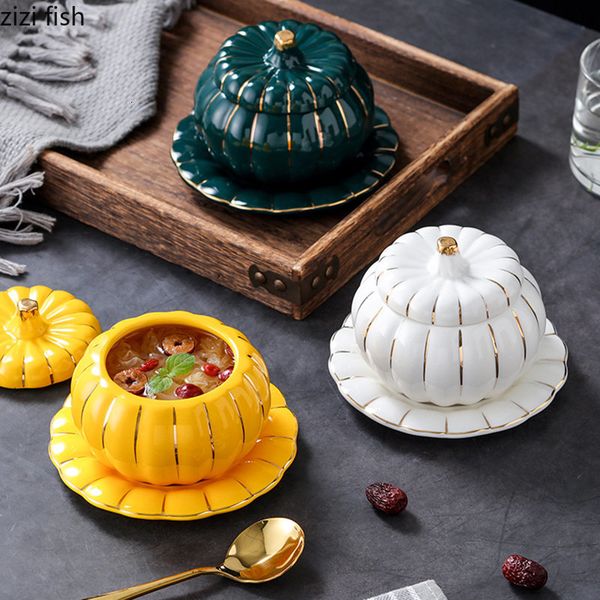 Soup Stock Pots Simple Pumpkin Shape Ceramic Soup Basin Snack Dessert Plate Serving Bowl with Lids Home Kitchen Solid Color Tableware Soup B