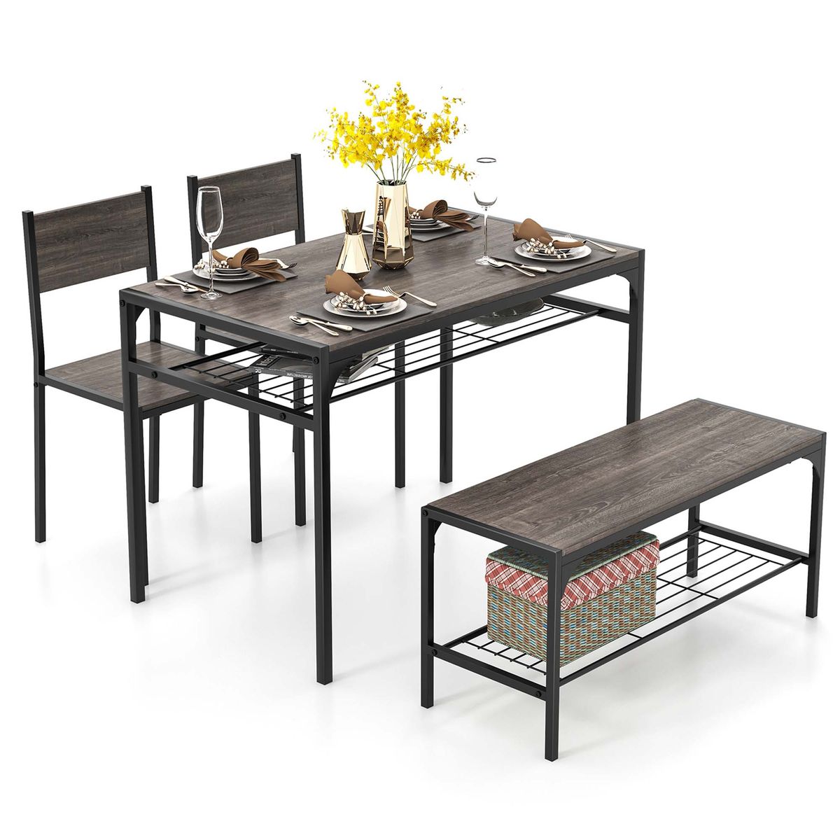 Set for 4 Rectangular Dining Table with Chairs and Bench - Dining Table Gray