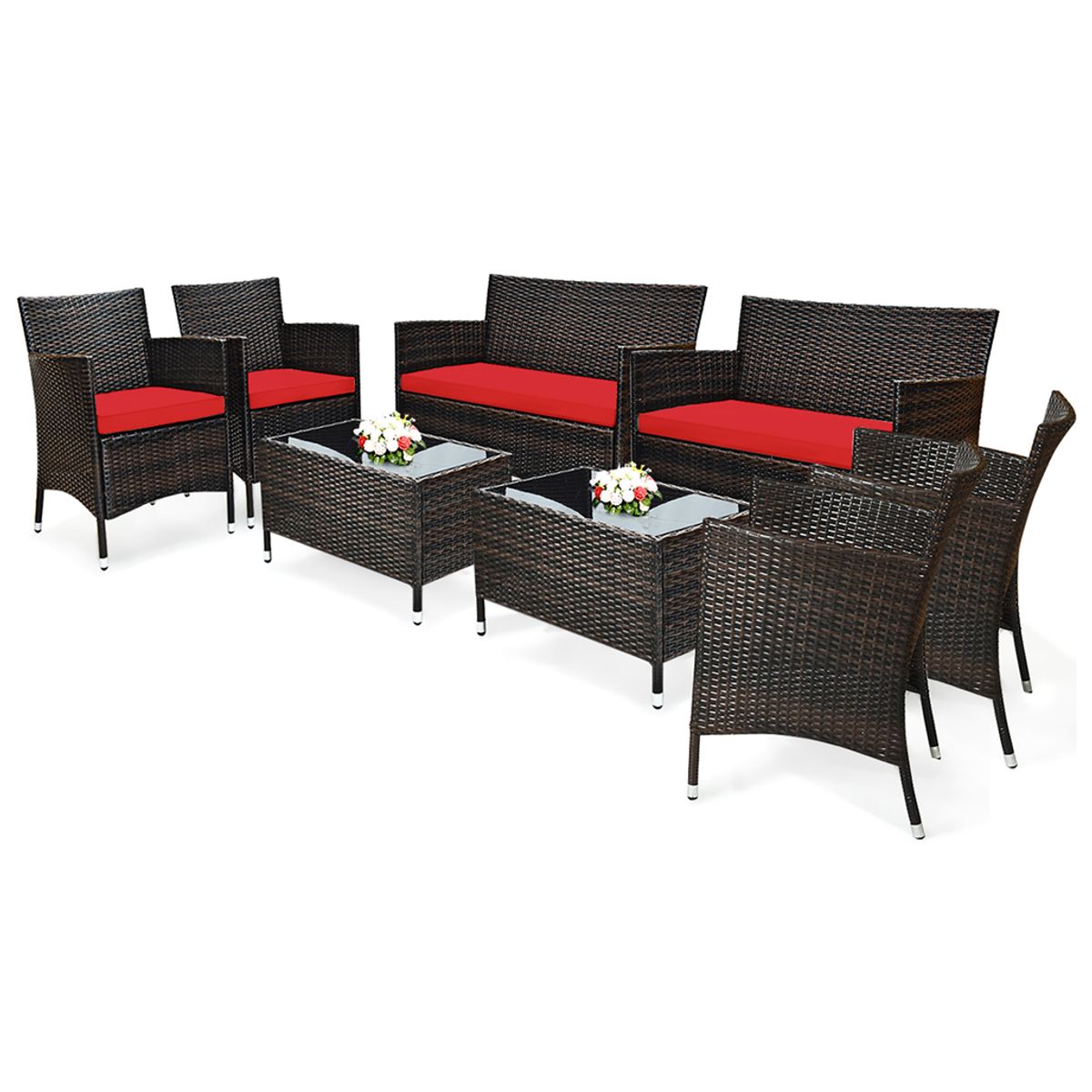 Rattan Outdoor 8-Piece Patio Furniture Set - Patio Furniture Set-Red