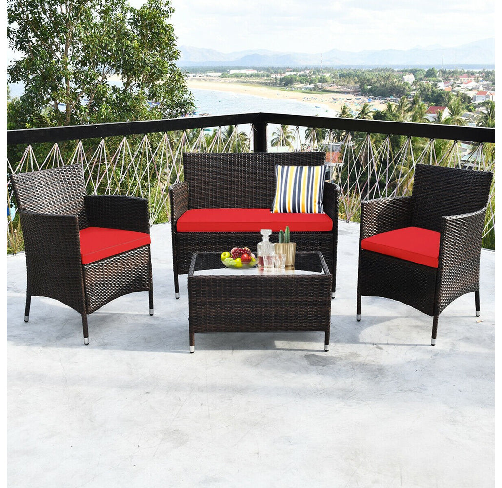 Rattan Outdoor 4-Piece Patio Furniture Set - 4PCS Sofa Set Red