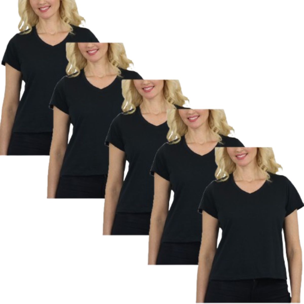 Women’s Relaxed Fit V-Neck Short Sleeve Tee (5-Pack) - LVT-100 - BK-BK-BK-BK-BK - S