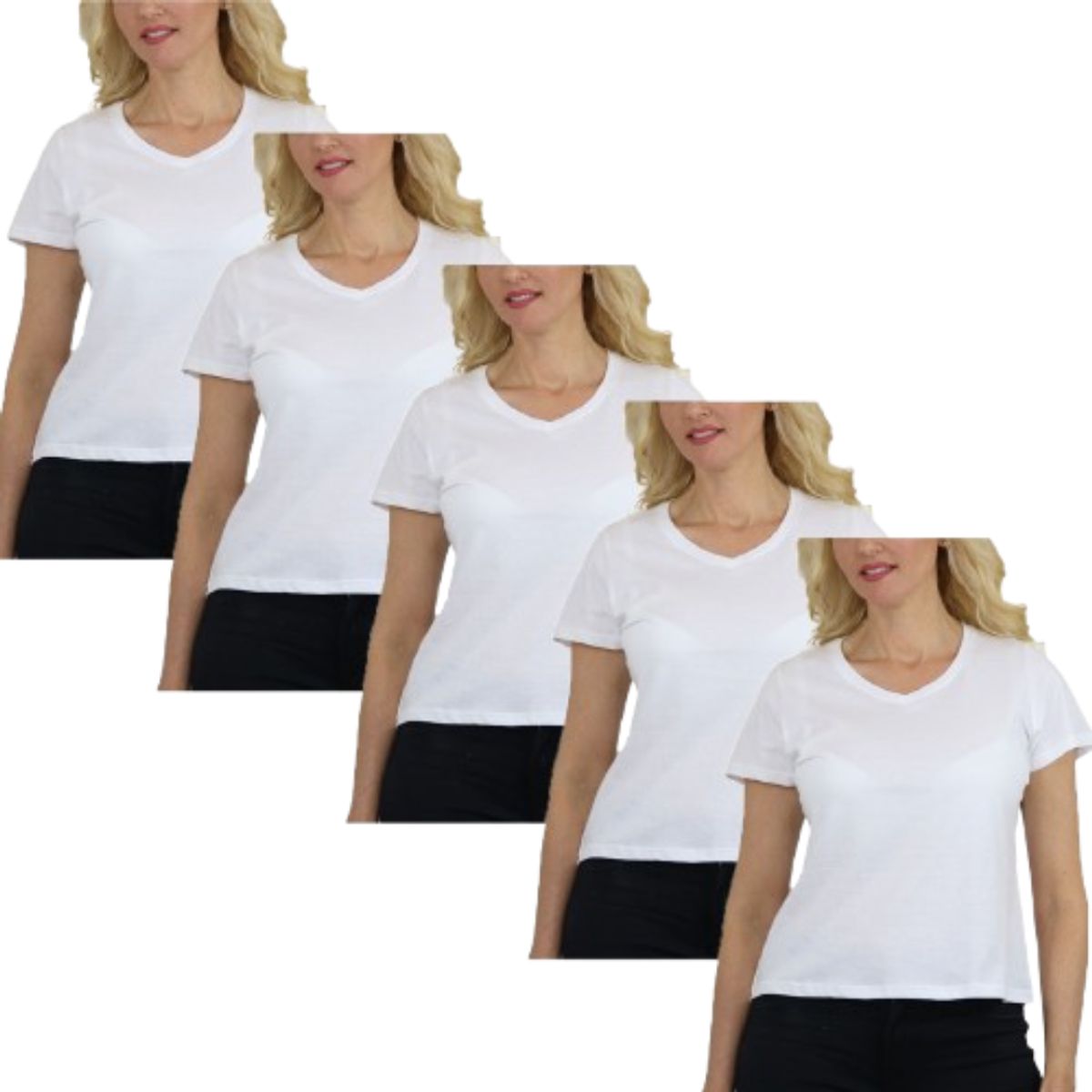 Women’s Relaxed Fit V-Neck Short Sleeve Tee (5-Pack) - LVT-100 - WH-WH-WH-WH-WH - XL