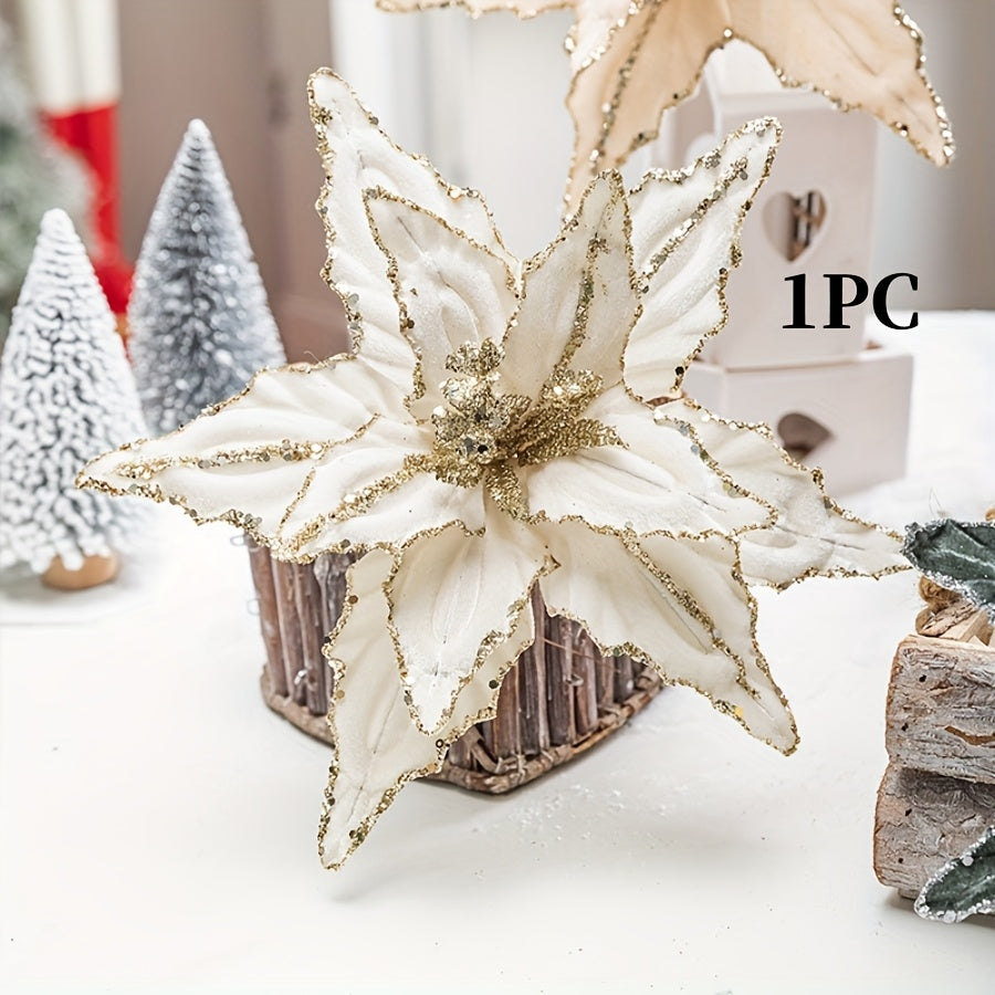 TEMU 1pc Or 4 Pcs Large Glitter Christmas Flowers - Suitable For Home, Tabletop, And Room Types Of Floral Decoration - Seasonal Decorations For