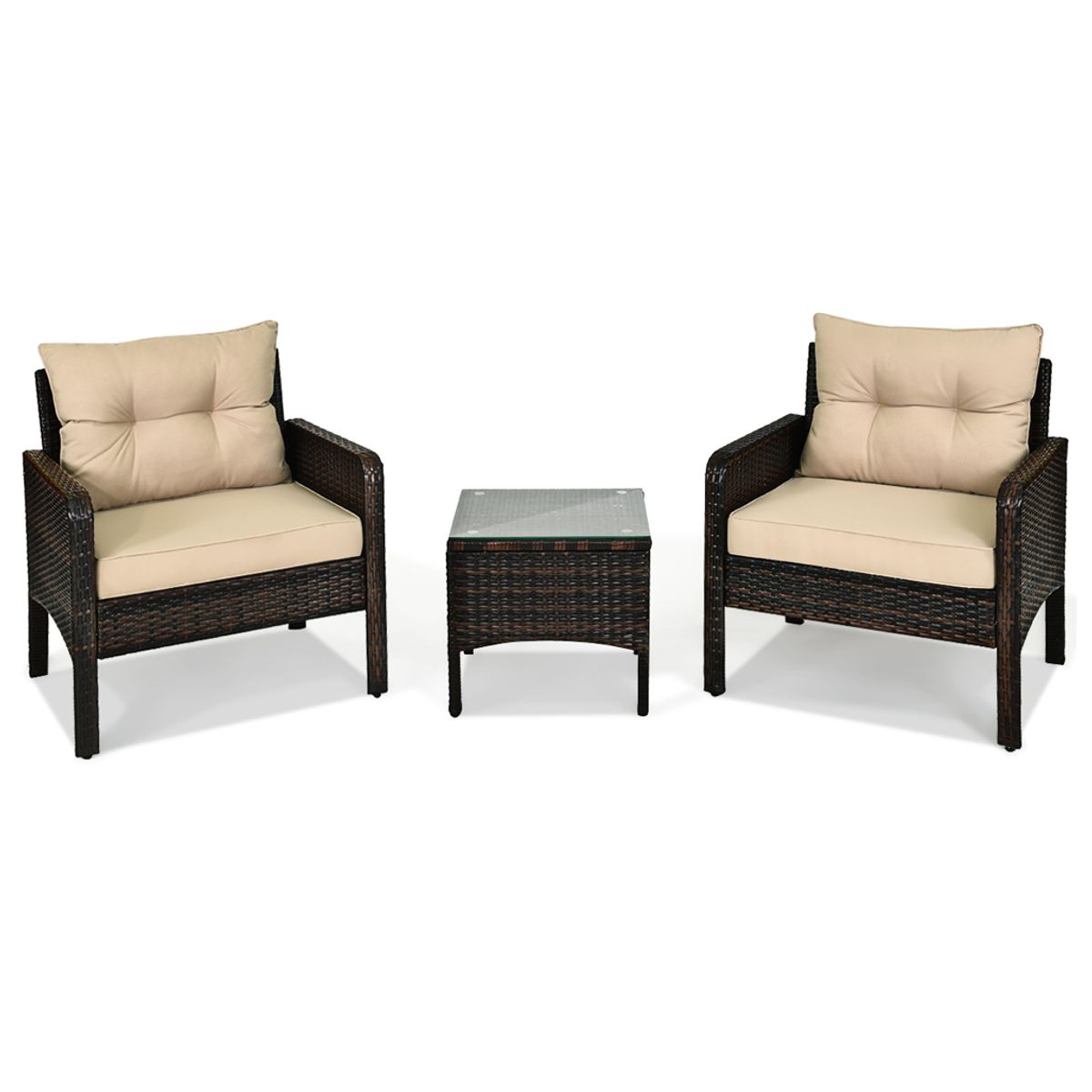 Cushioned Rattan 3-Piece Patio Furniture Set - Rattan Set Beige