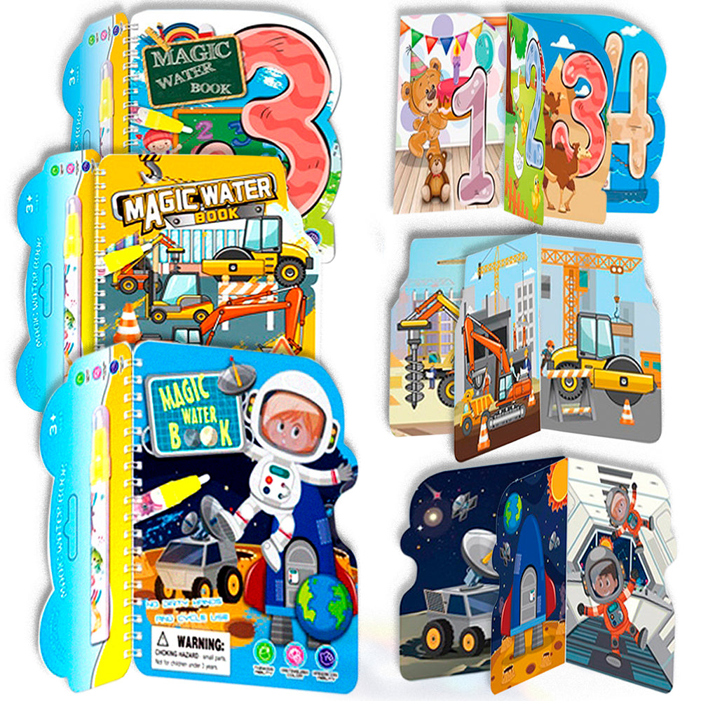 Magic Water Washable Coloring Books with Water Markers (3-Pack) - Number, Space, Construction