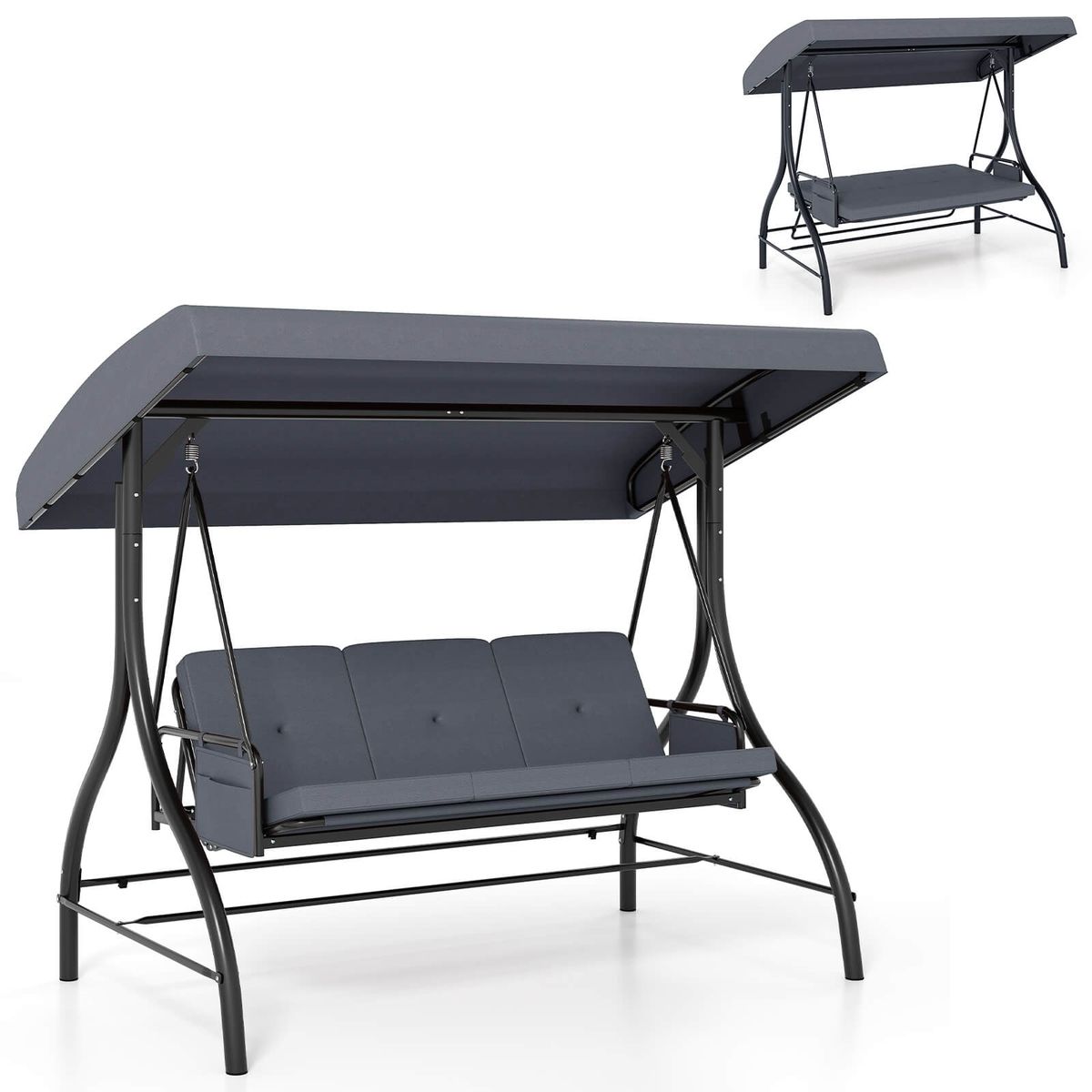 3-Seat Patio Swing with Canopy with Removable Cushions and Side Pocket - Gray