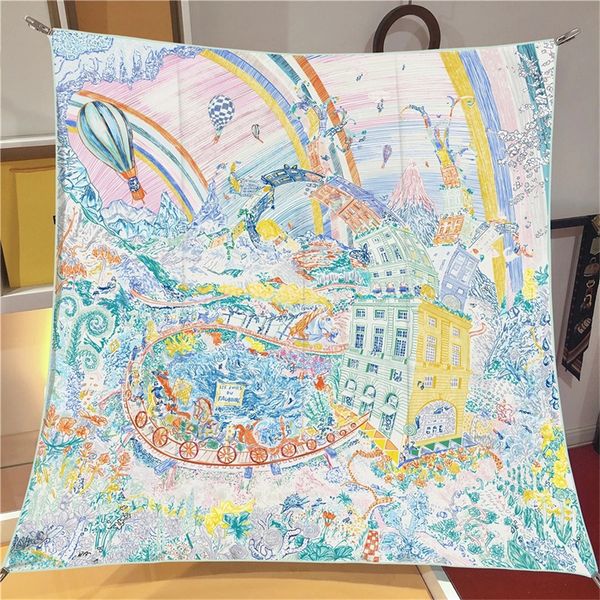 Silk Scarf Women Rainbow City Printing Square Scarves Head Echarpes Silk Foulards Fashion Femme Wraps Beach Shawls Bandana Lady Hijabs 90CM