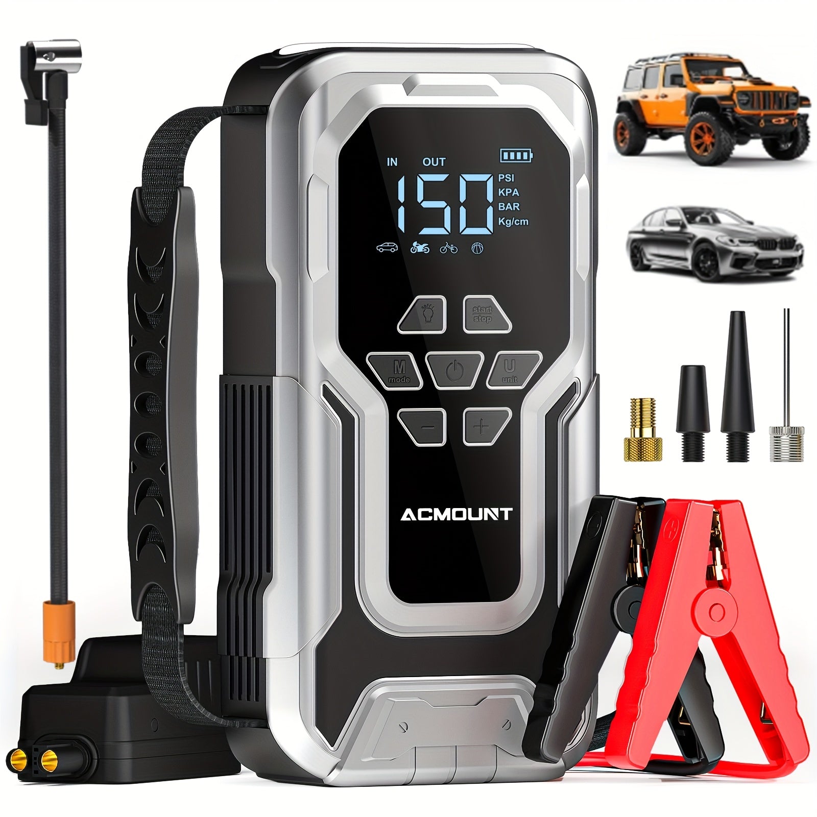 TEMU 6000a Car Jump Starter With Air Compressor For 10.0l Gas-8.0l , 150psi Portable Cordless Digital Tire Inflator, Built -in Led Emergency Light,