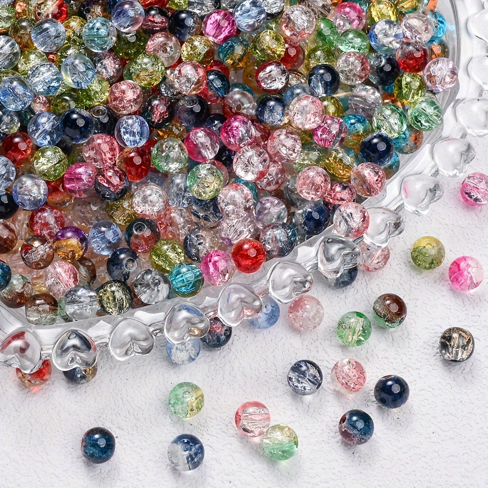 TEMU 100pcs 8mm Cracked Glass Beads - Shiny Round Spacer Beads With Multicolor Marbled Patterns For Making, Bracelets, Shoe & Boot Decor, Watch