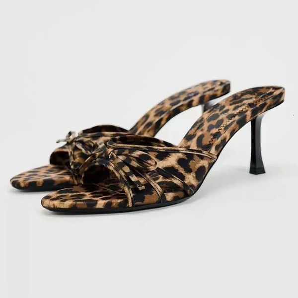2024 European and American High Quality Women Shoes Bow Knot Leopard Print High Heel Slippers Women Slippers X250114