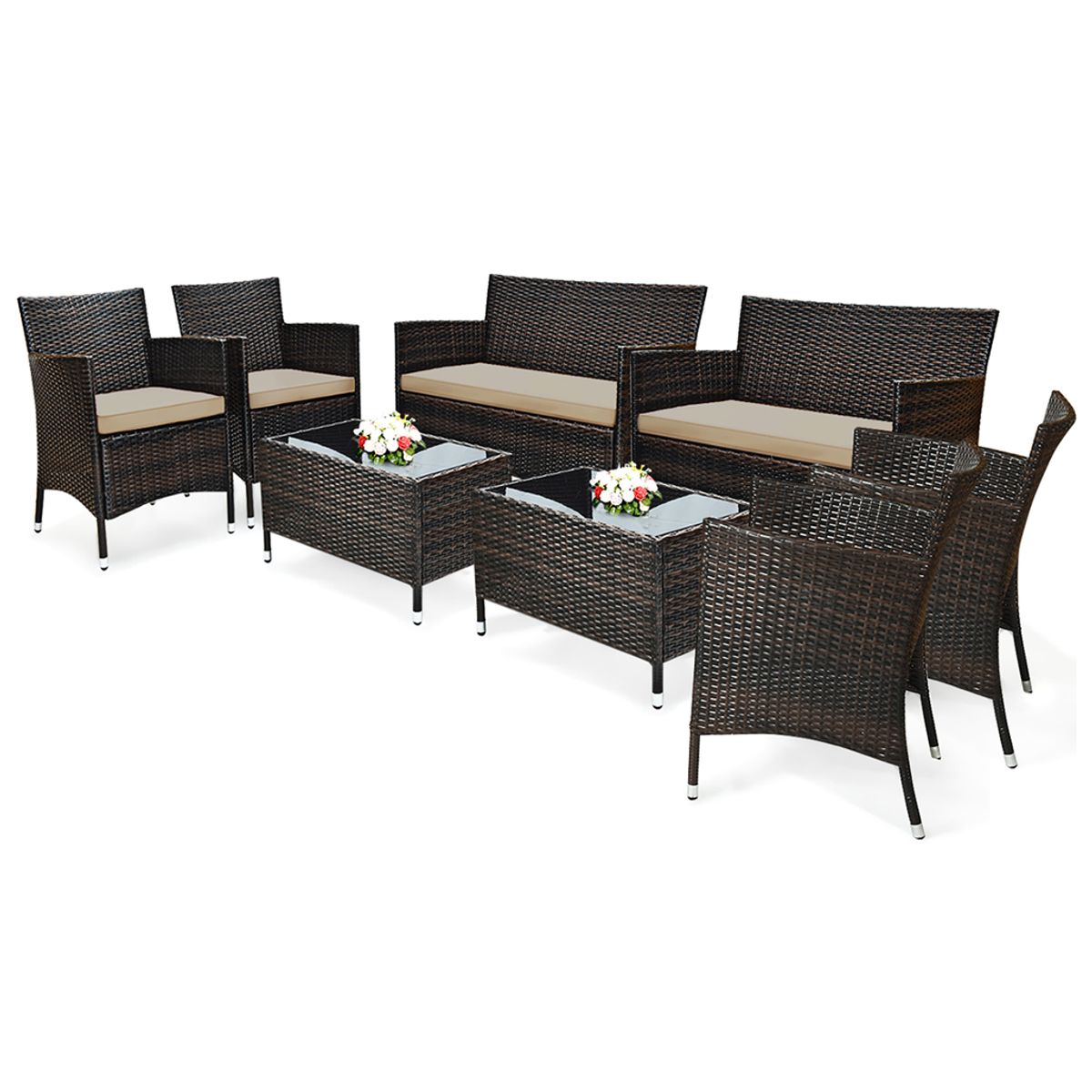 Rattan Outdoor 8-Piece Patio Furniture Set - Patio Furniture Set-Brown