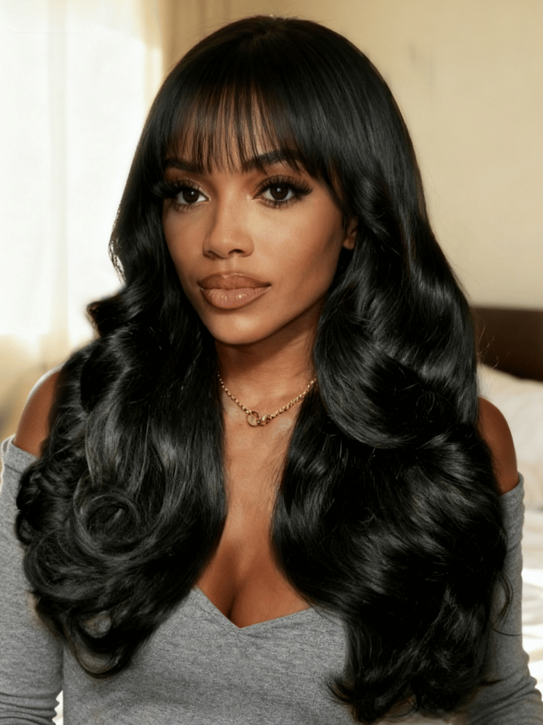 UNice 7x5 Bye-Bye Knots Lace Frontal Pull And Go Fluffy Natural Black Loose Wave & Machine Made Yaki Human Hair Glueless Curtain Bangs Wig