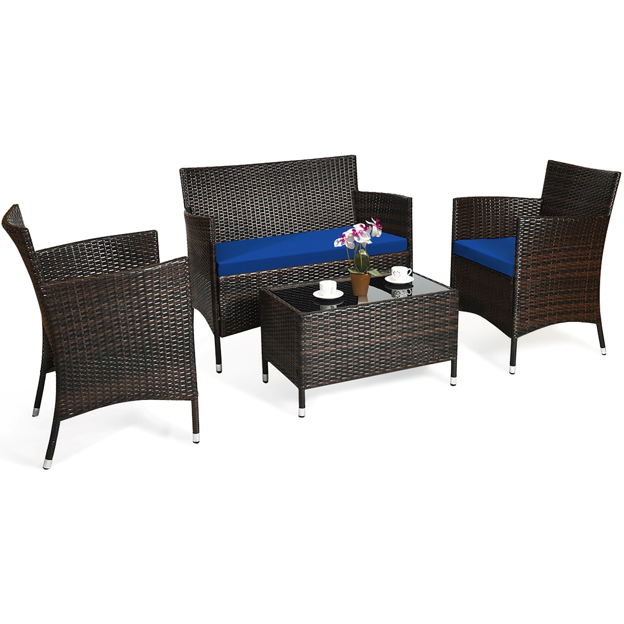 Rattan Outdoor 4-Piece Patio Furniture Set - 4PCS Sofa Set Blue