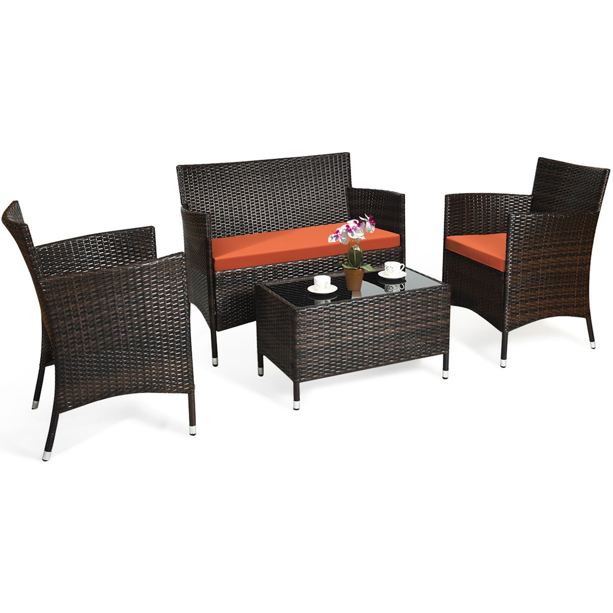 Rattan Outdoor 4-Piece Patio Furniture Set - 4PCS Sofa Set Orange