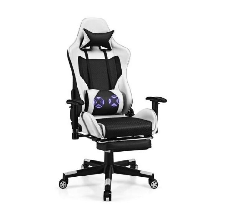 Reclining Massage Rolling Office-Gaming Chair with Footrest - White