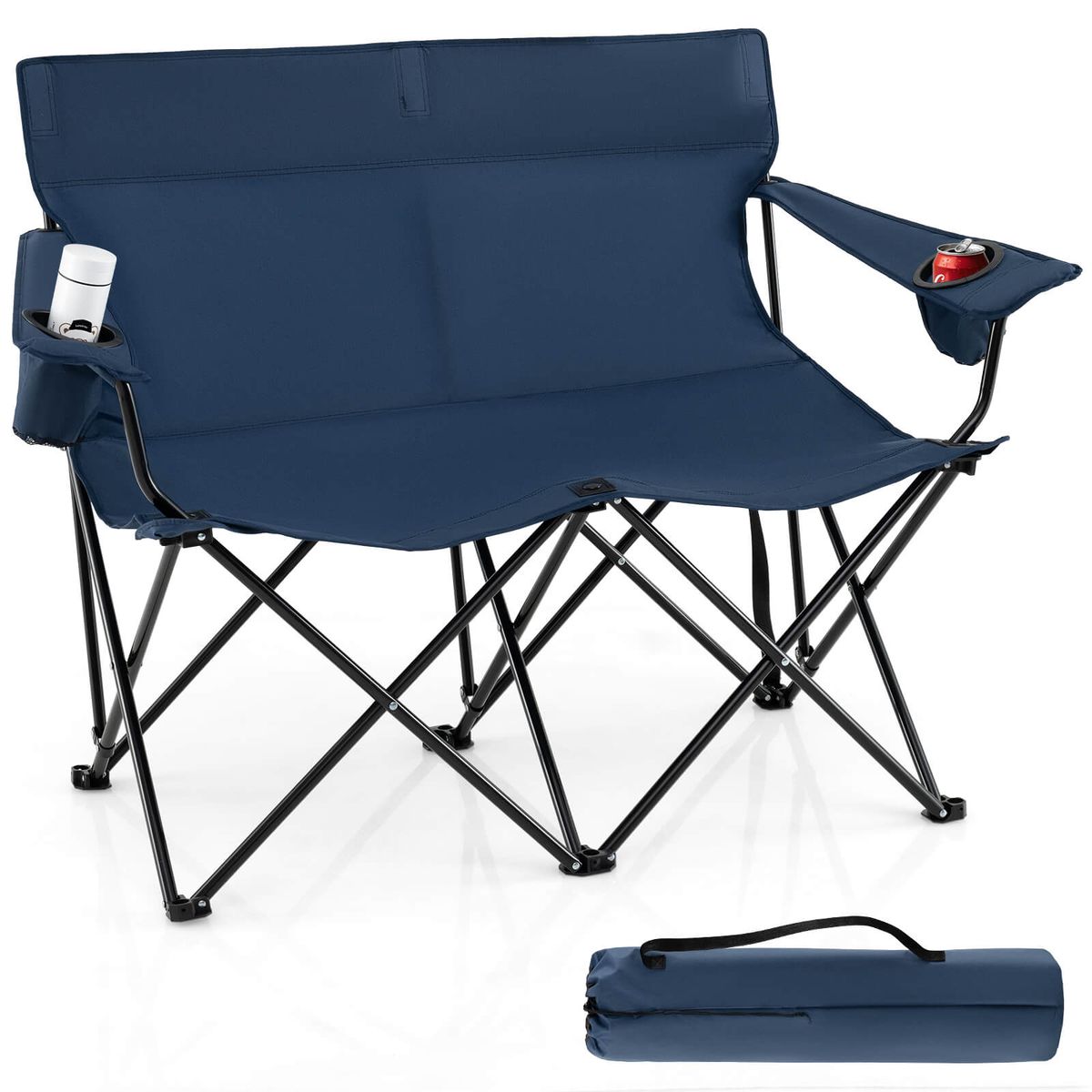 2-Person Outdoor Folding Loveseat with Cup Holders - Blue
