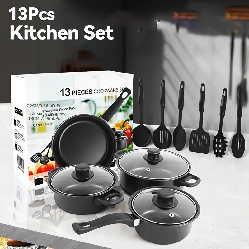 TEMU Black 13pcs Kitchenware Set Pots & Spoons Set Cookware Set Induction Cooker Pot Nonstick Cooking Set Outdoor Camping Set Including Frying Pan,
