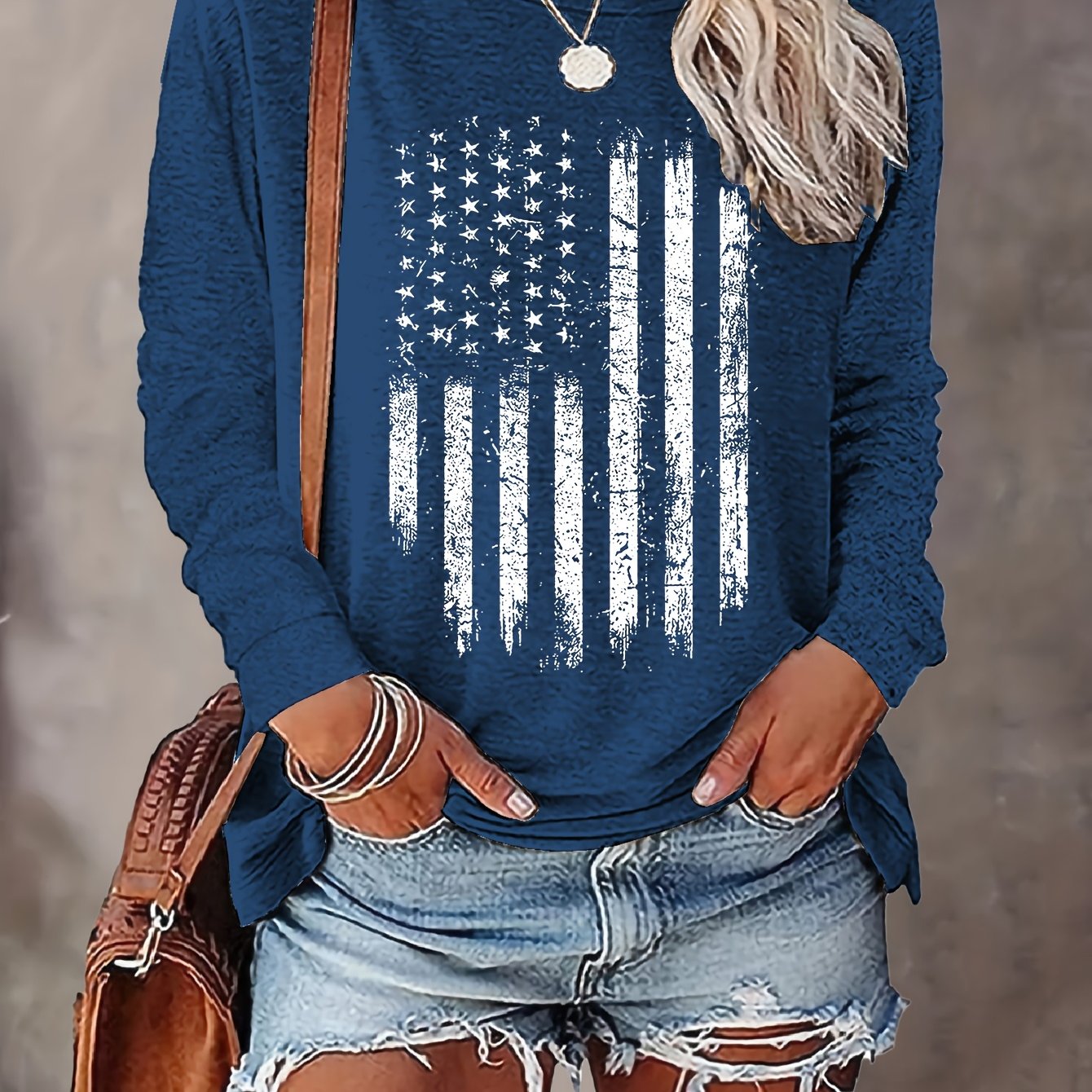 TEMU Women's Casual Long Sleeve T-shirt With American Flag Print - Maroon, Round Neck, Lightweight Polyester, Spring-fall Fashion, Ladies T Shirts