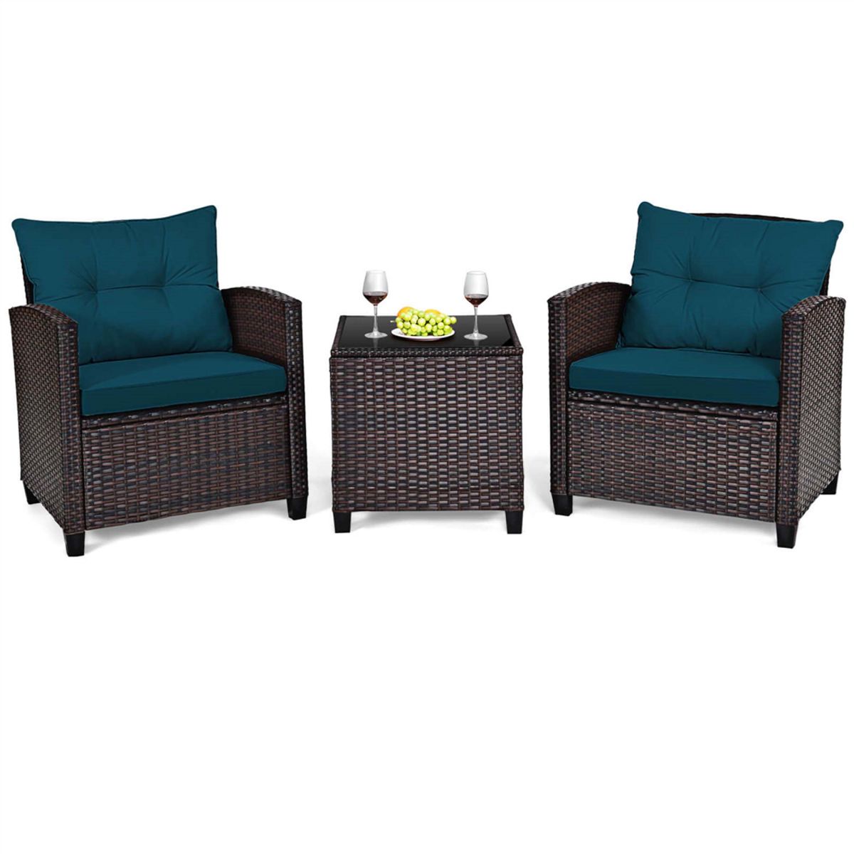 3-Piece Rattan Patio Furniture Set with Large Cushions - Furniture Set 3PCS-Navy