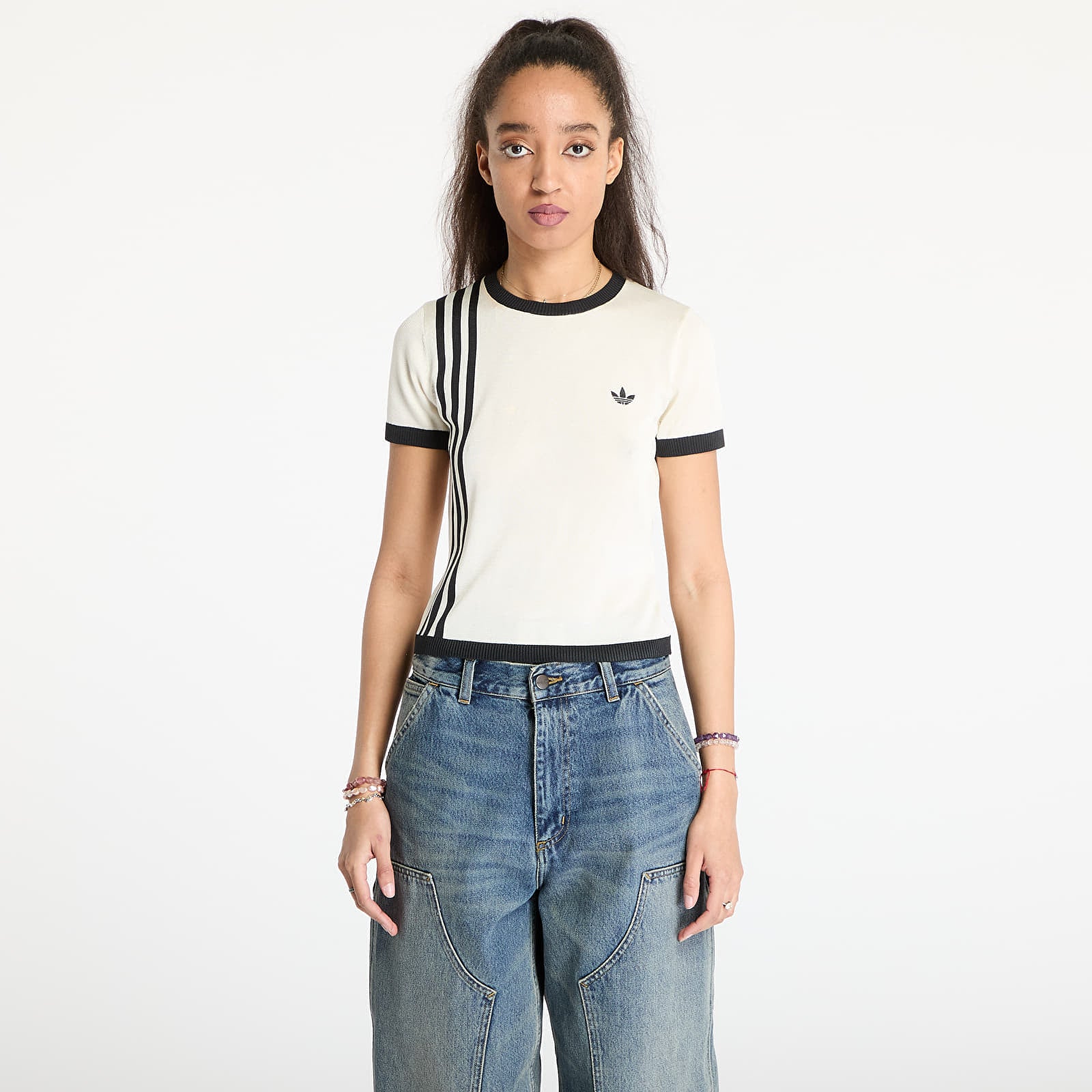 T-shirt adidas Knitted 3 Stripe Short Tee Cream White M