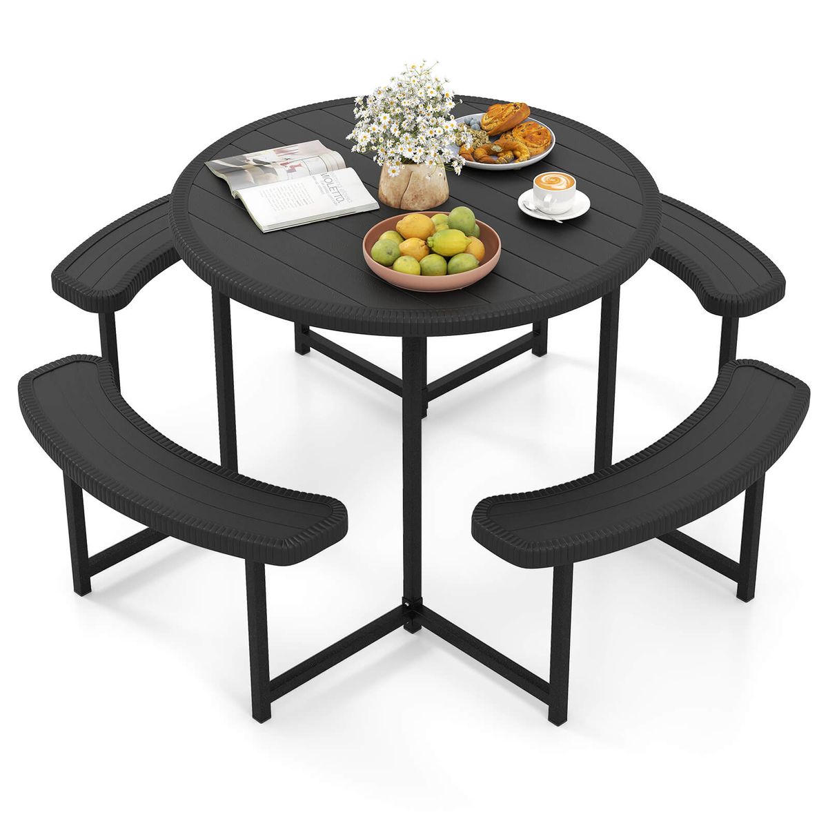 Round Picnic Table Set with 4 Curved Benches and 1.57" Umbrella Hole - Table Bench-Black
