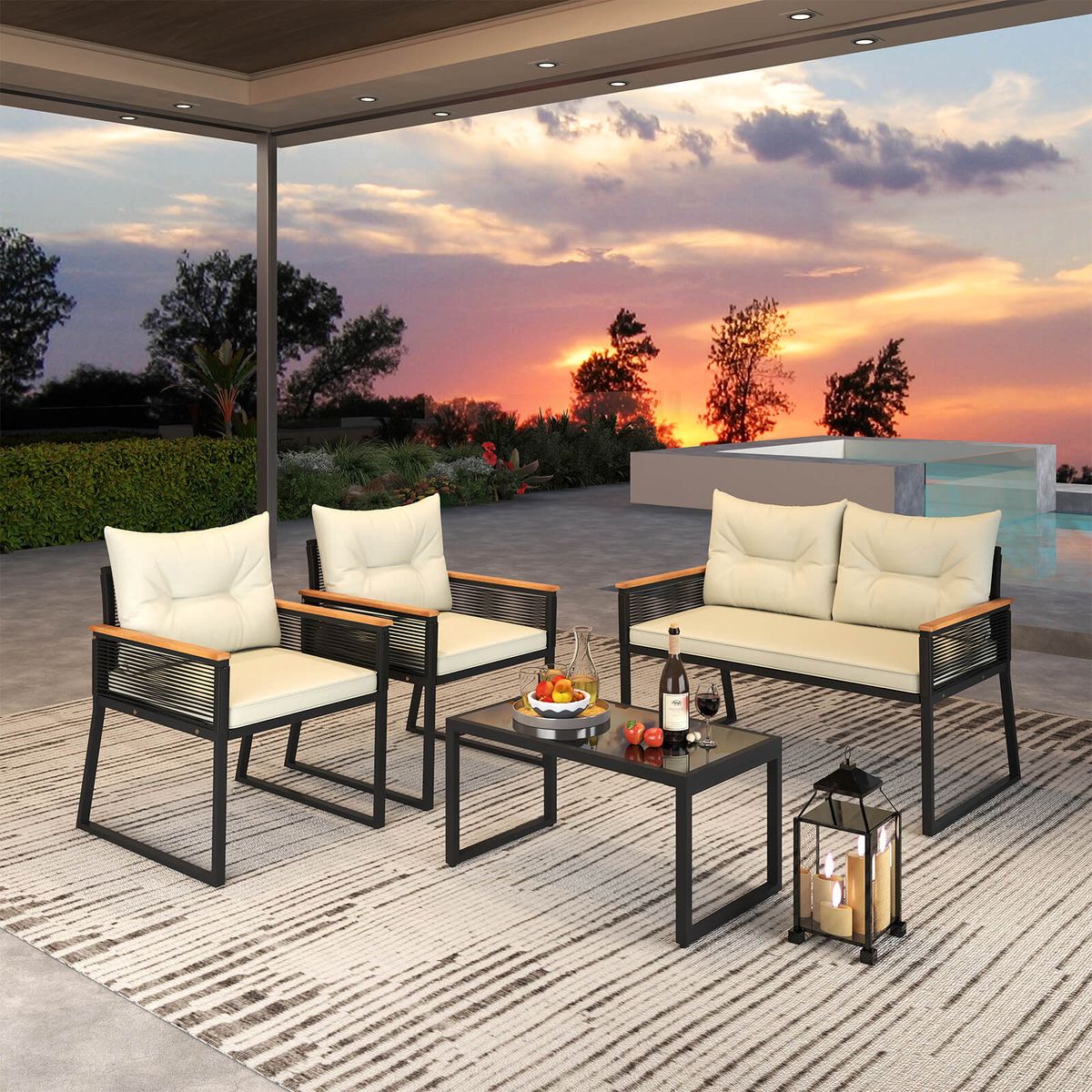Patio Furniture Set with Tempered Glass Tabletop - 4-Piece