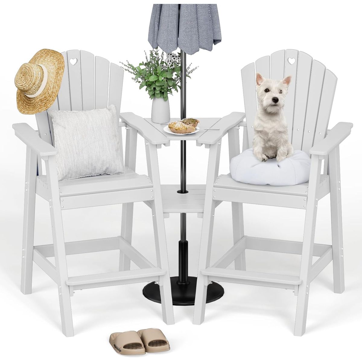 Tall Patio Chairs with Connecting Table (Set of 2) - White