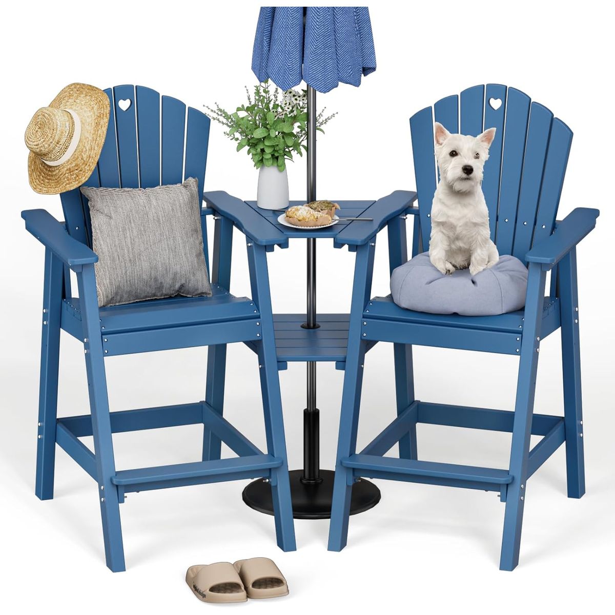 Tall Patio Chairs with Connecting Table (Set of 2) - Navy Blue