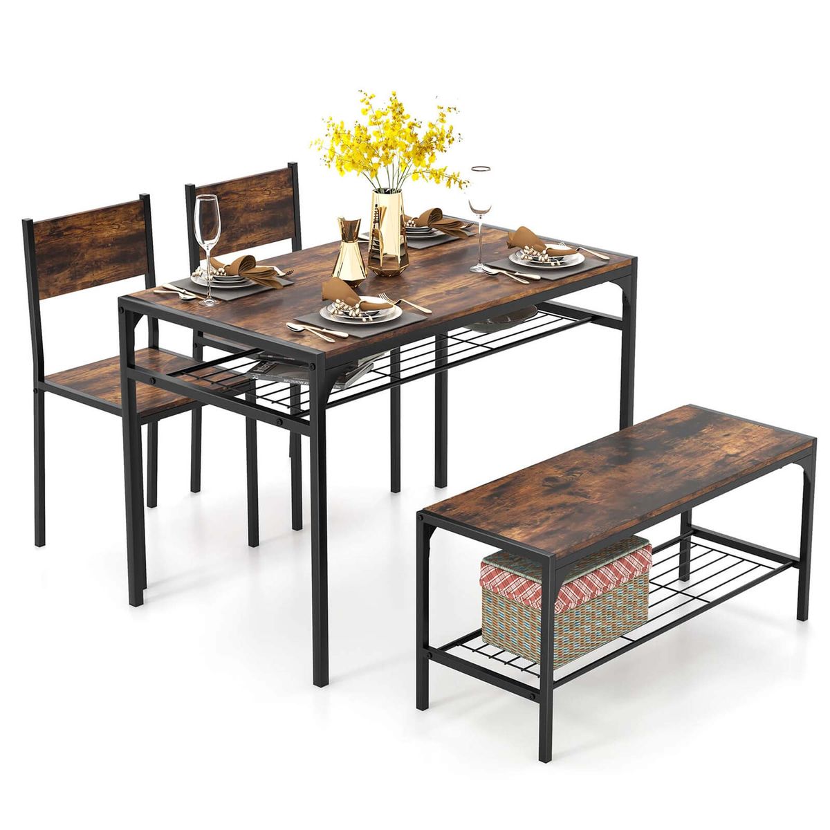 Set for 4 Rectangular Dining Table with Chairs and Bench - Dining Table Rustic Brown