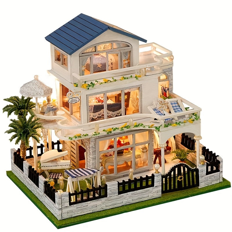 TEMU Mini Villa Model Construction Kit Diy Handmade Dollhouse Miniature 3d Puzzle, Wooden Craft, Suitable For Birthday Gifts, Home Decorations,